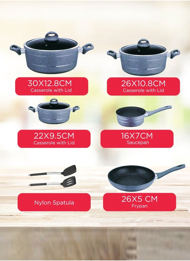 Easy Cook - 10 Pieces Smart Cookware Set | Granite Coated Forged Aluminum Body Tempered Glass Lid With Wide Stainless Steel | Dark Grey - Image 1