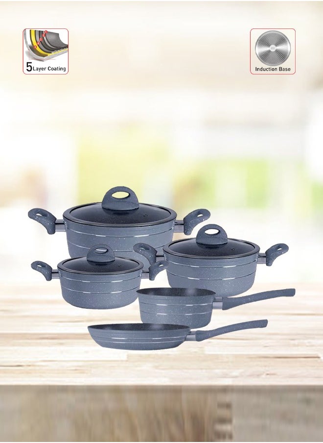 Easy Cook - 10 Pieces Smart Cookware Set | Granite Coated Forged Aluminum Body Tempered Glass Lid With Wide Stainless Steel | Dark Grey - Image 1