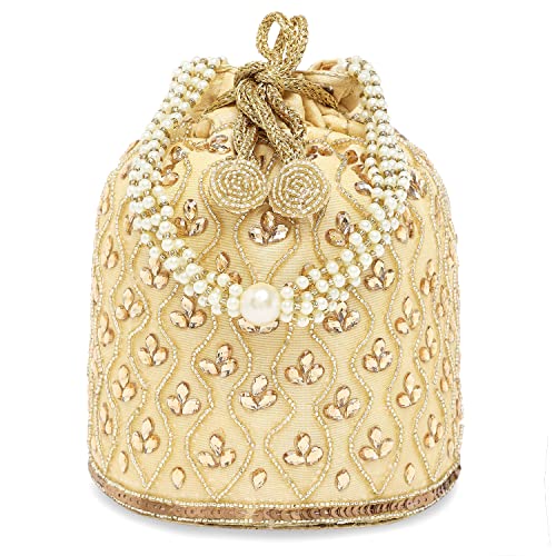 Peora Gold Potli Bags for Women Evening Bag Clutch Ethnic Bride Purse with Drawstring - Image 1