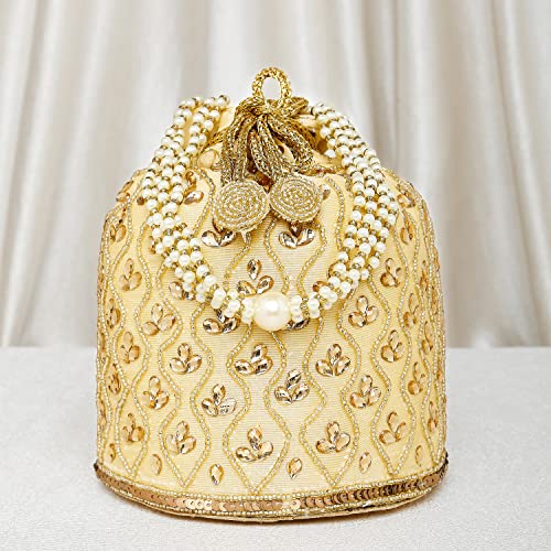Peora Gold Potli Bags for Women Evening Bag Clutch Ethnic Bride Purse with Drawstring - Image 5