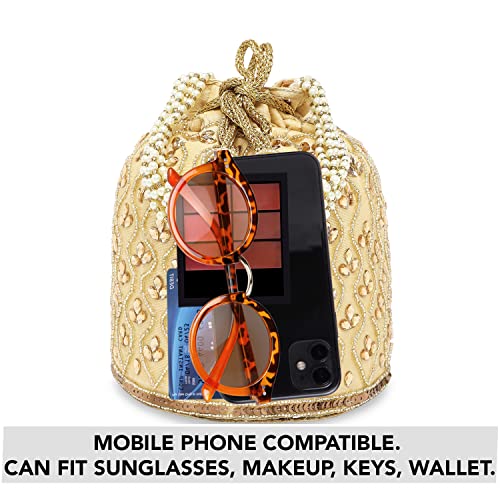 Peora Gold Potli Bags for Women Evening Bag Clutch Ethnic Bride Purse with Drawstring - Image 2