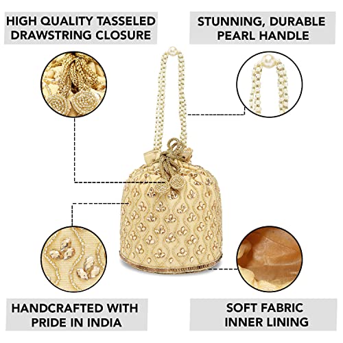 Peora Gold Potli Bags for Women Evening Bag Clutch Ethnic Bride Purse with Drawstring - Image 3