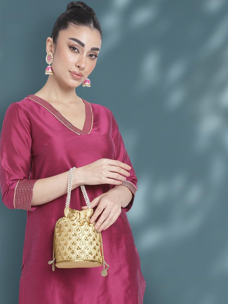 Peora Gold Potli Bags for Women Evening Bag Clutch Ethnic Bride Purse with Drawstring - Image 4