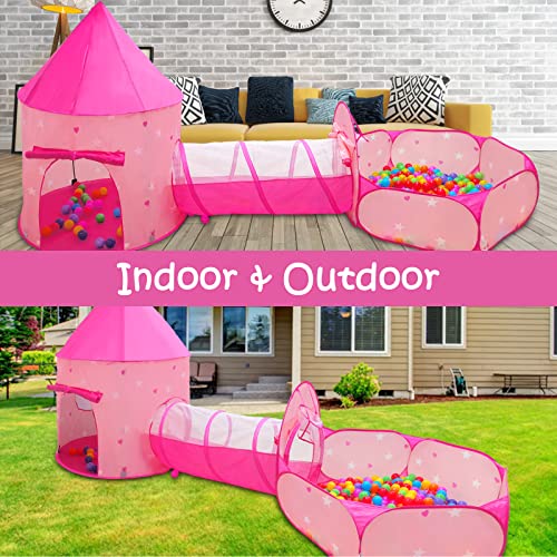 GeerWest 3PC Princess Tent for Girls with Kids Ball Pit Kids Play Tents and Crawl Tunnel for Toddlers Pink Pop Up Playhouse Toys for Baby Indoor Outdoor Tent Games Pink Tent with Stars 3pc - Image 5