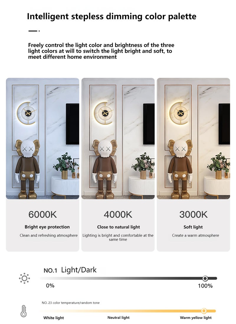 Onelight Clock Wall Lamp  with LED, Luxury Creative Decorative Clock Light, Living Room Wall Light, Bedroom Bedside Light, 3 Color Lights Can Be Adjusted - Image 5