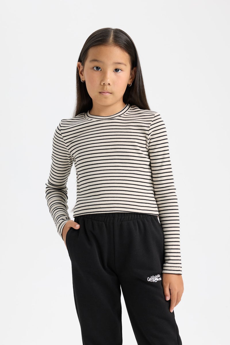 DeFacto Girl Polo Neck Striped Ribbed Long Sleeve Crop T-Shirt - Image 1