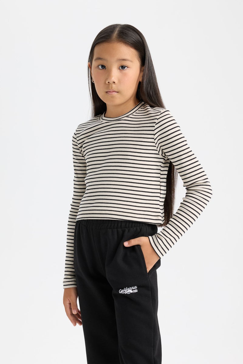 DeFacto Girl Polo Neck Striped Ribbed Long Sleeve Crop T-Shirt - Image 5
