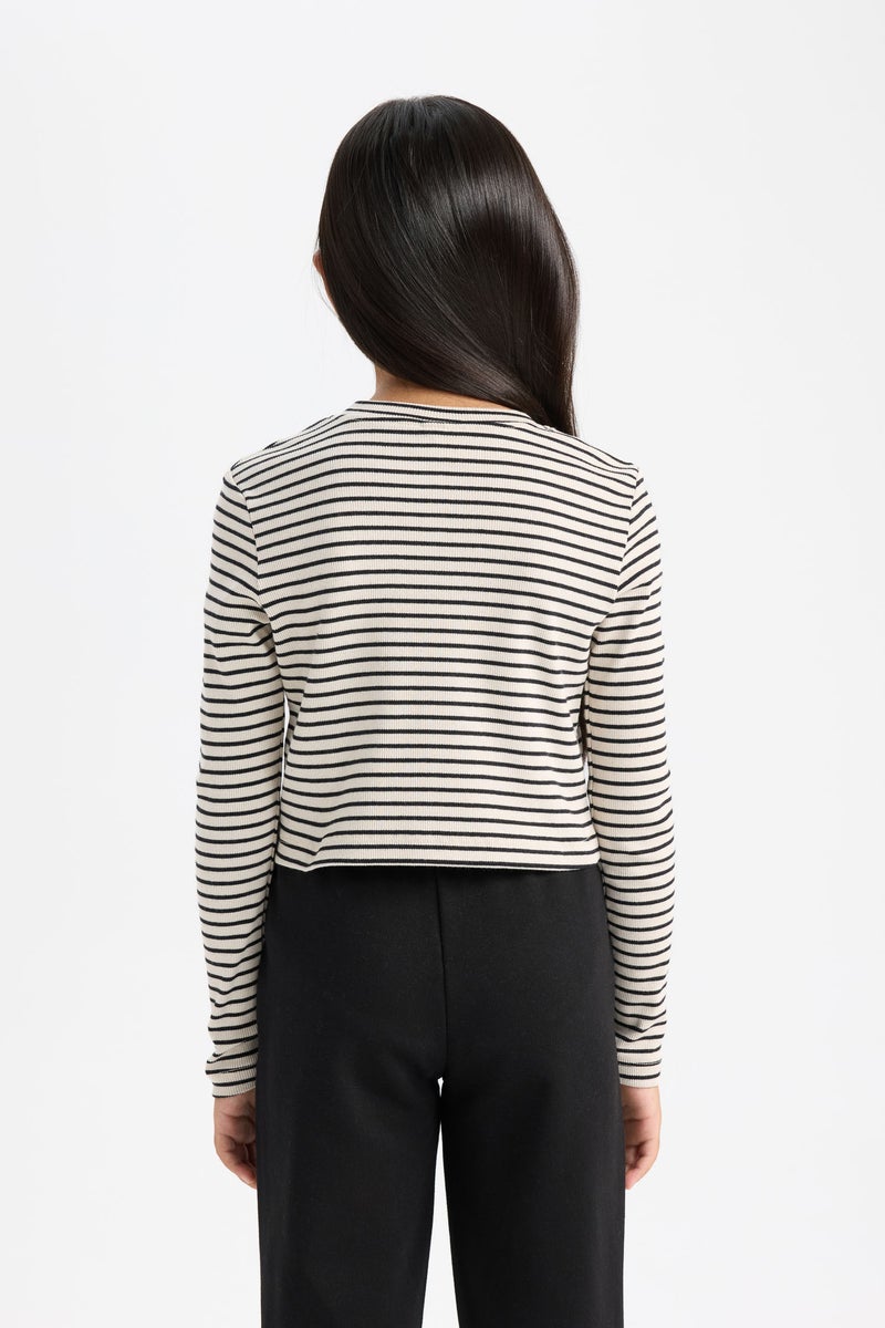 DeFacto Girl Polo Neck Striped Ribbed Long Sleeve Crop T-Shirt - Image 4