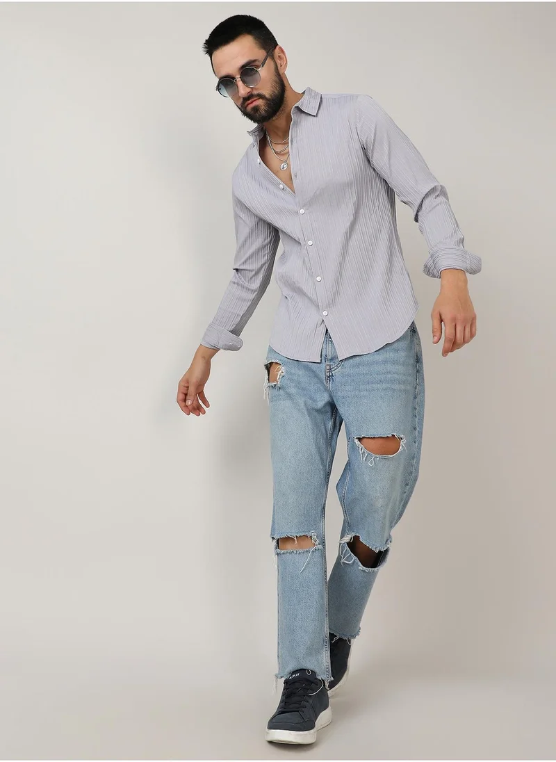 كامبوس سوترا Men's Moon Grey Self-Design Striped Shirt