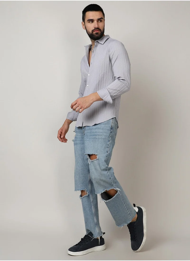 كامبوس سوترا Men's Moon Grey Self-Design Striped Shirt