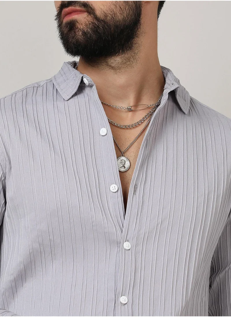 كامبوس سوترا Men's Moon Grey Self-Design Striped Shirt