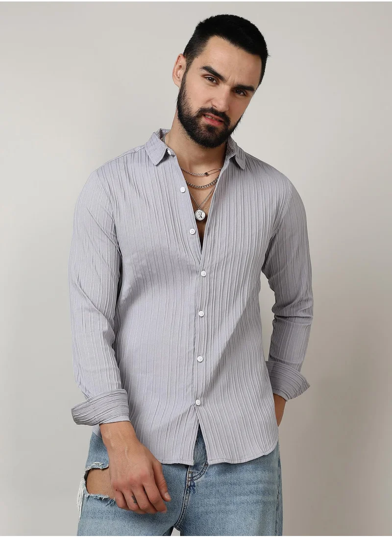 Campus Sutra Men's Moon Grey Self-Design Striped Shirt