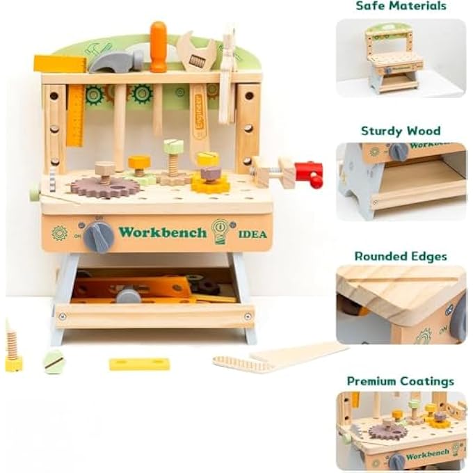KIDS TOOL BENCH, WOODEN PRETEND PLAY WORKBENCH TOOL SET FOR TODDLERS AGES 3-5, EDUCATIONAL CONSTRUCTION TOY FOR BOYS & GIRLS, IDEAL GIFT FOR KIDS - Image 4