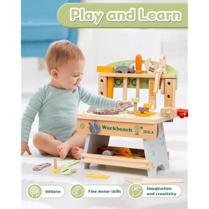 KIDS TOOL BENCH, WOODEN PRETEND PLAY WORKBENCH TOOL SET FOR TODDLERS AGES 3-5, EDUCATIONAL CONSTRUCTION TOY FOR BOYS & GIRLS, IDEAL GIFT FOR KIDS - Image 3