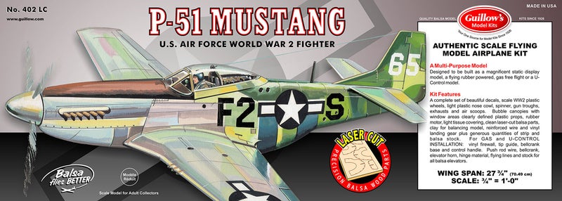 Guillows Guillow's P51 Mustang Laser Cut Model Kit, Yellow, Small - Image 1