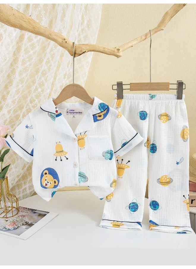 LITTLE SURPRISE BOX Space and Teddy print soft Muslin organic Cotton Kids Nightsuit