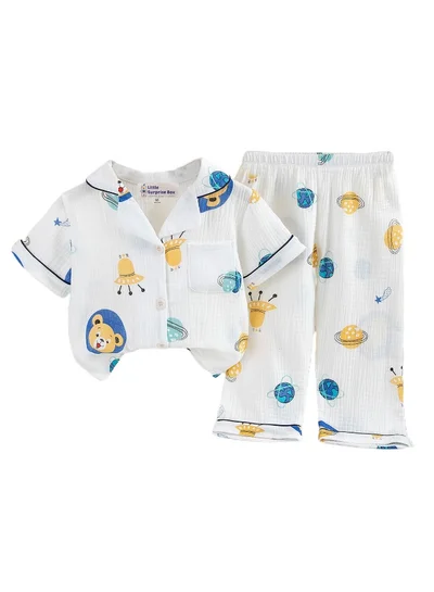 LITTLE SURPRISE BOX Space and Teddy print soft Muslin organic Cotton Kids Nightsuit
