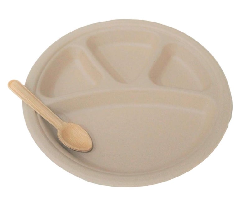 Vissage Pack of 25 11IN EcoFriendly 4 Compartment Plates with 25 Leaf Spoons - Image 1