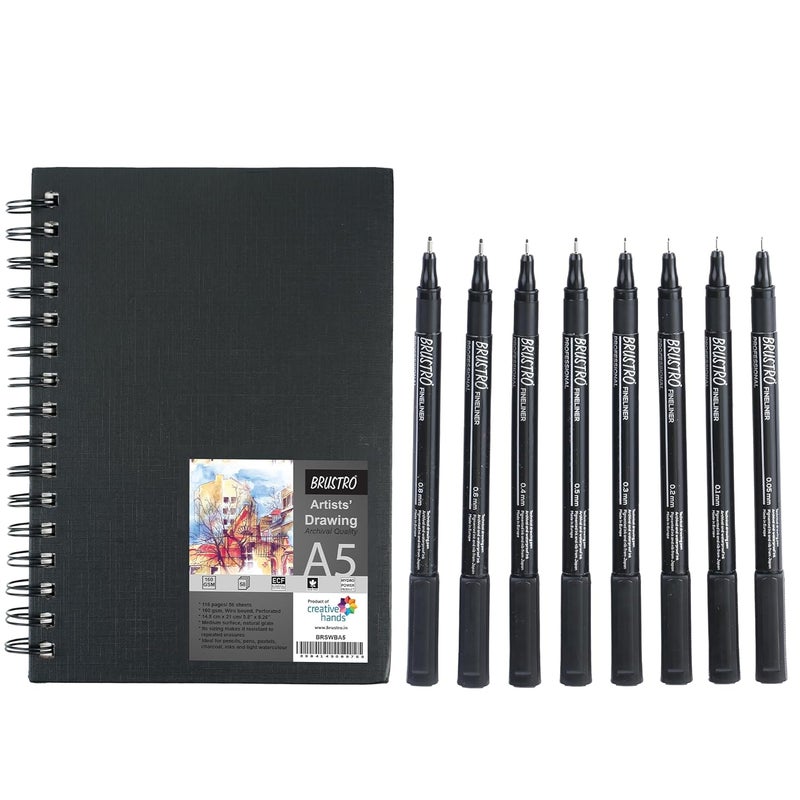 BRUSTRO Professional Pigment Based Fineliner - Pack of 8 (Black) with Artist Sketch Book 160 GSM A5 Wiro Bound (116 Pages) - Image 1