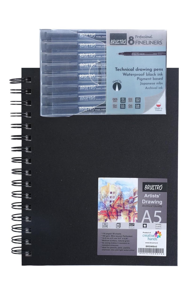 BRUSTRO Professional Pigment Based Fineliner - Pack of 8 (Black) with Artist Sketch Book 160 GSM A5 Wiro Bound (116 Pages) - Image 2