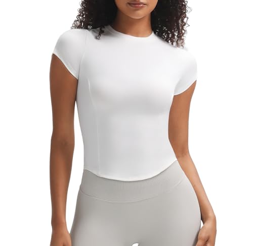 Aoxjox Womens Short Sleeve TShirts GEO Baby Tee Workout Gym Yoga Crop Top Without Builtin Bra White Small - Image 1