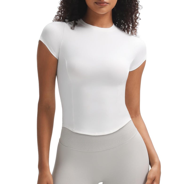 Aoxjox Womens Short Sleeve TShirts GEO Baby Tee Workout Gym Yoga Crop Top Without Builtin Bra White Small - Image 2