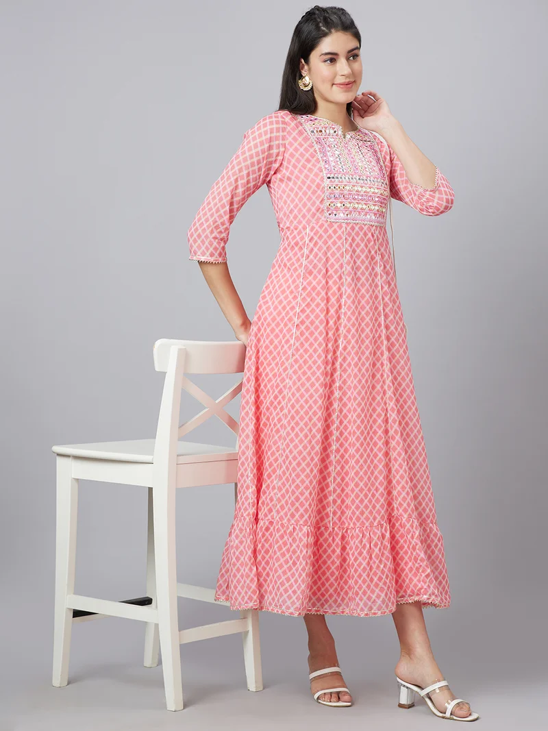 globus Women Printed Round Neck Embellished Pure Cotton Ethnic Dress