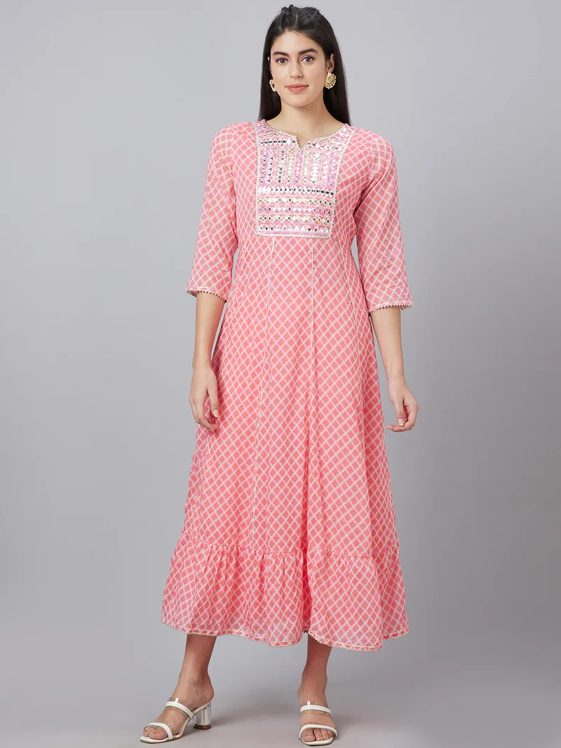globus Women Printed Round Neck Embellished Pure Cotton Ethnic Dress
