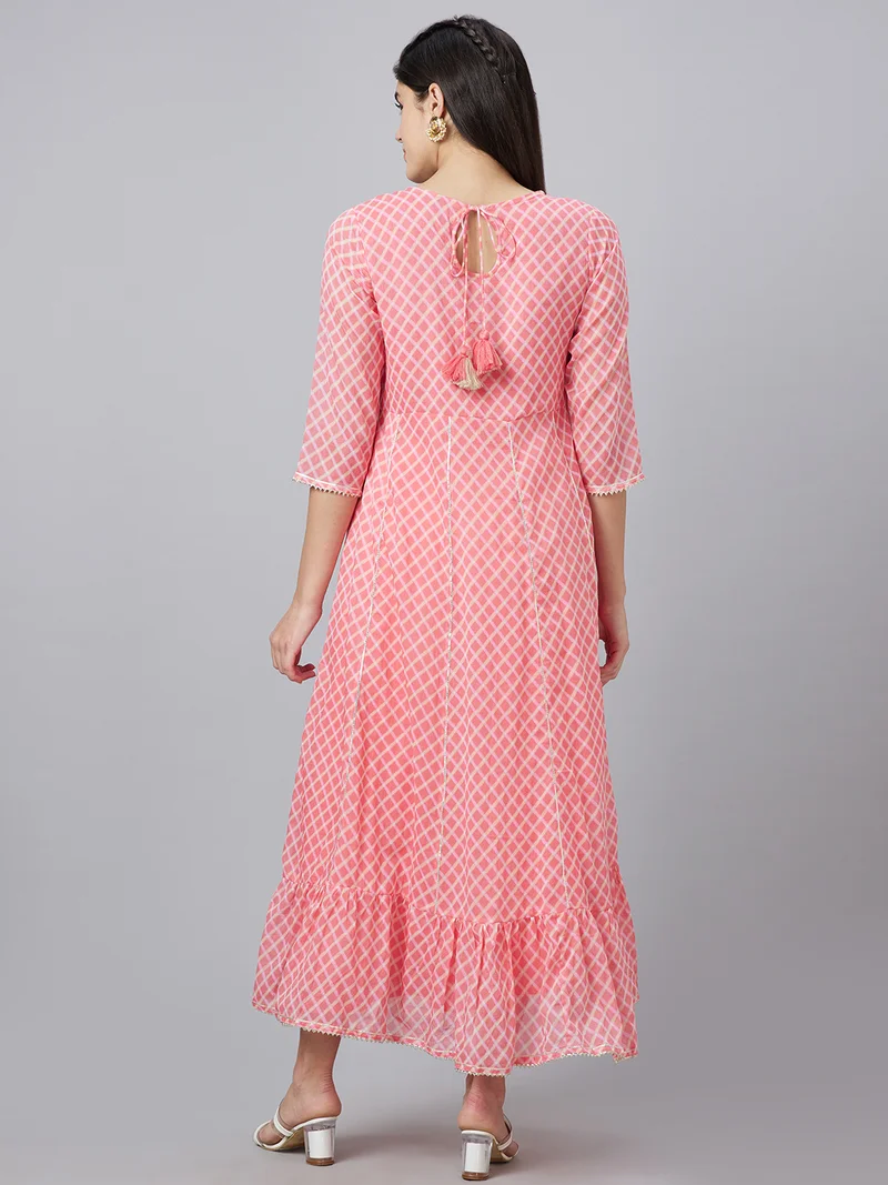 globus Women Printed Round Neck Embellished Pure Cotton Ethnic Dress
