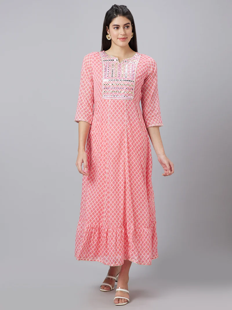 globus Women Printed Round Neck Embellished Pure Cotton Ethnic Dress