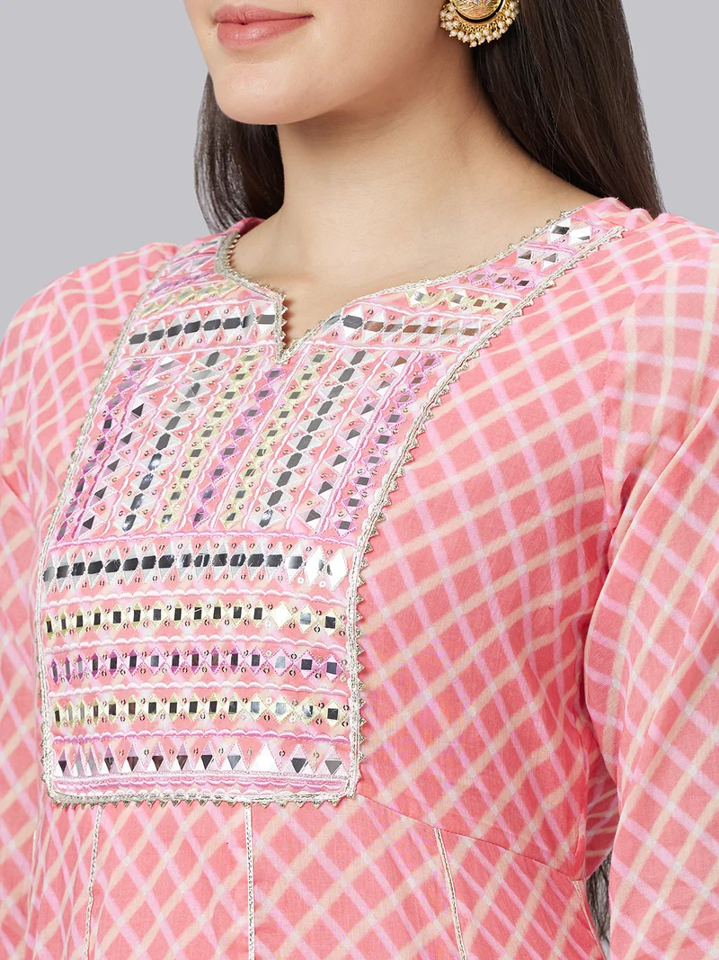 globus Women Printed Round Neck Embellished Pure Cotton Ethnic Dress