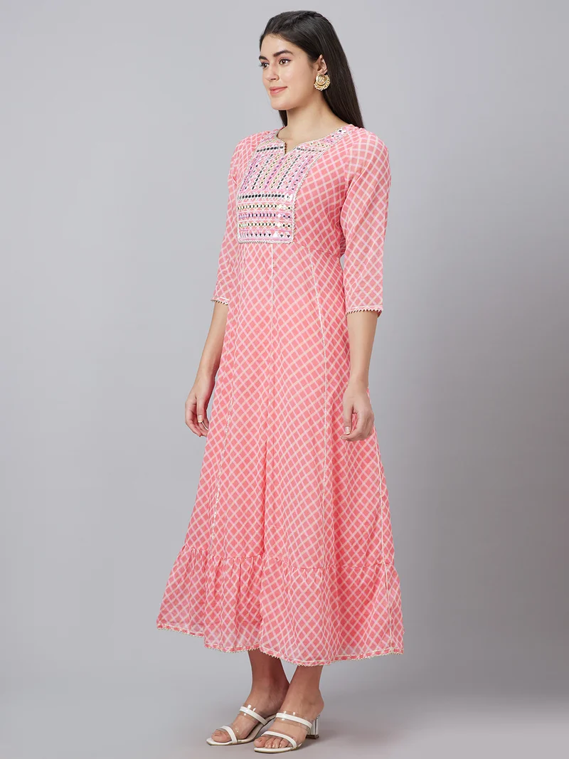 globus Women Printed Round Neck Embellished Pure Cotton Ethnic Dress