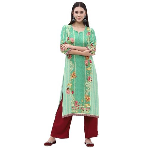 Biba Women Rayon Regular Fit Printed Straight Kurta(Assorted18699_Green_M) - Image 1
