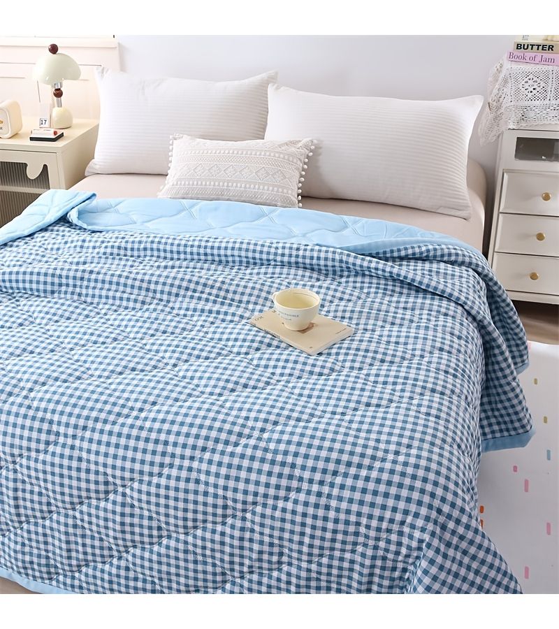 Premium Small Blue Grid Summer Quilt Soft Cooling Breathable Thin Blanket - Image 1