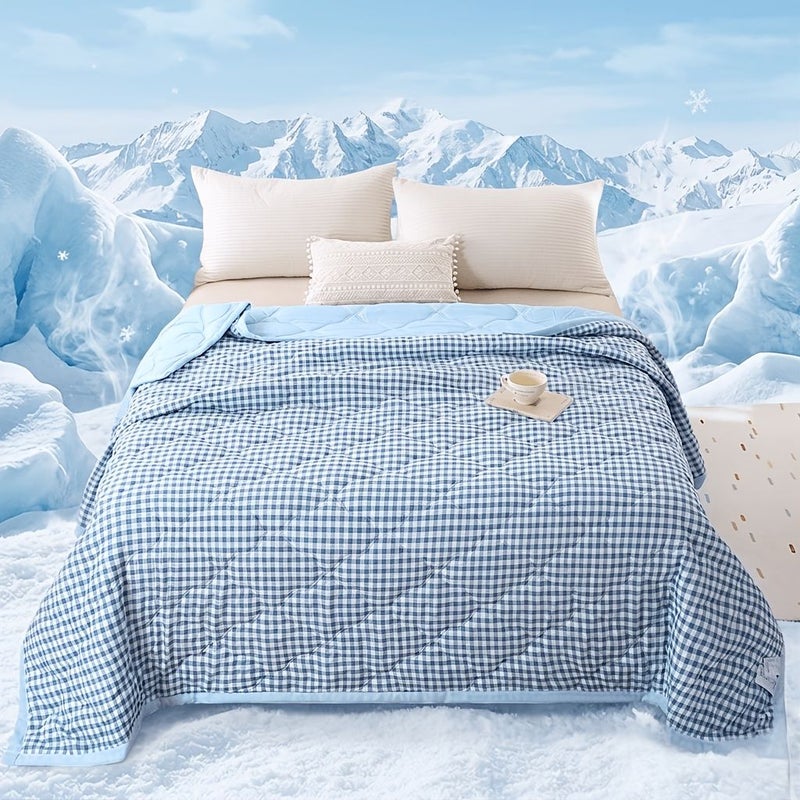 Premium Small Blue Grid Summer Quilt Soft Cooling Breathable Thin Blanket - Image 2