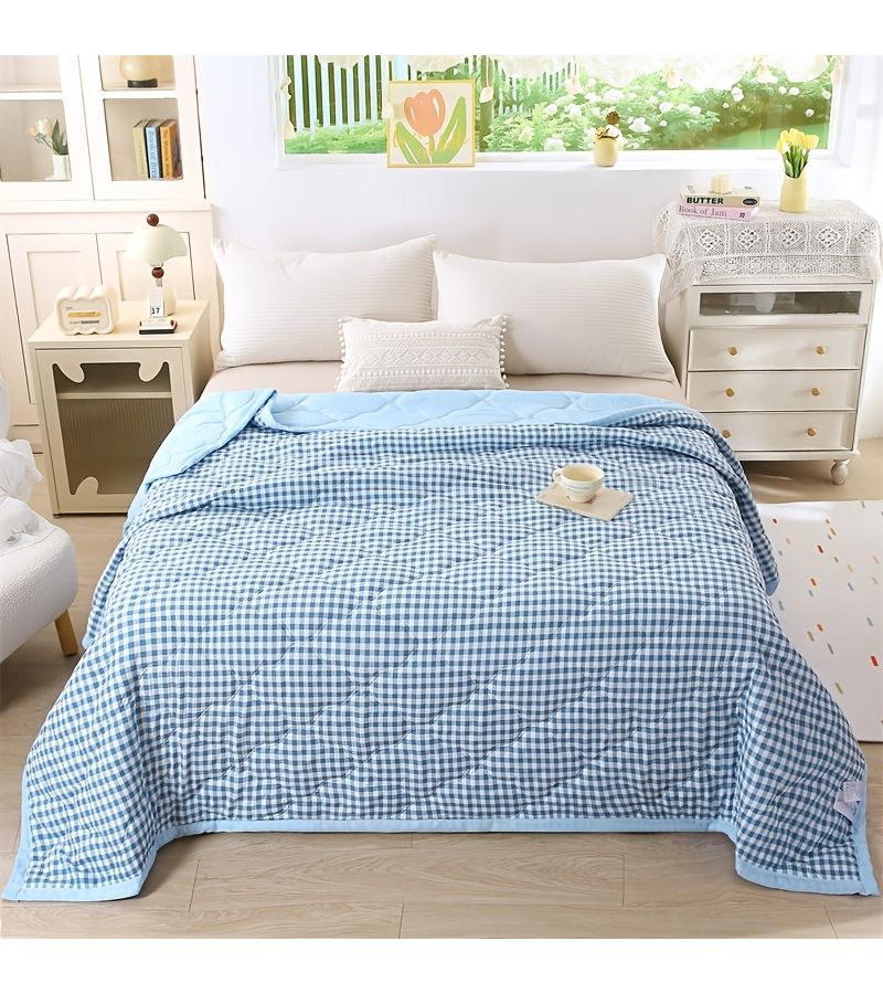 Premium Small Blue Grid Summer Quilt Soft Cooling Breathable Thin Blanket - Image 5