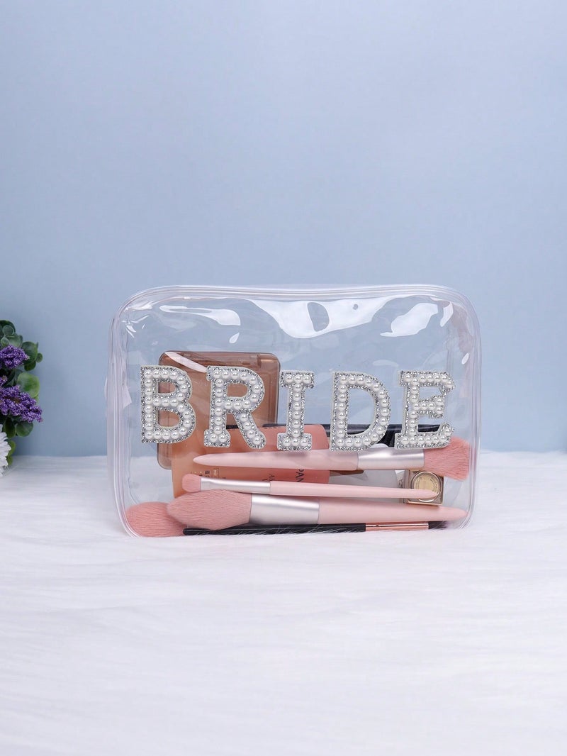 مستلزمات عروس - اكسسوارات عروس شنطة مكياج شفافة بتصميم أنيق مزينة بكلمة "BRIDE" – حقيبة مستلزمات العروس - Image 2