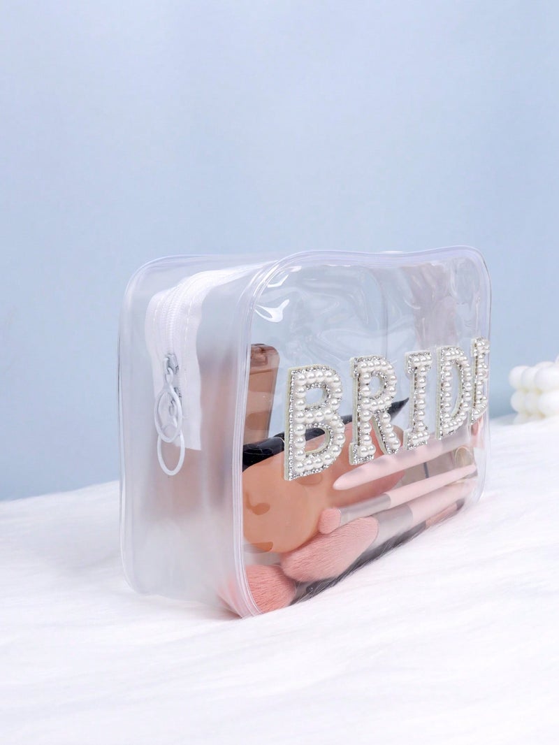 مستلزمات عروس - اكسسوارات عروس شنطة مكياج شفافة بتصميم أنيق مزينة بكلمة "BRIDE" – حقيبة مستلزمات العروس - Image 4