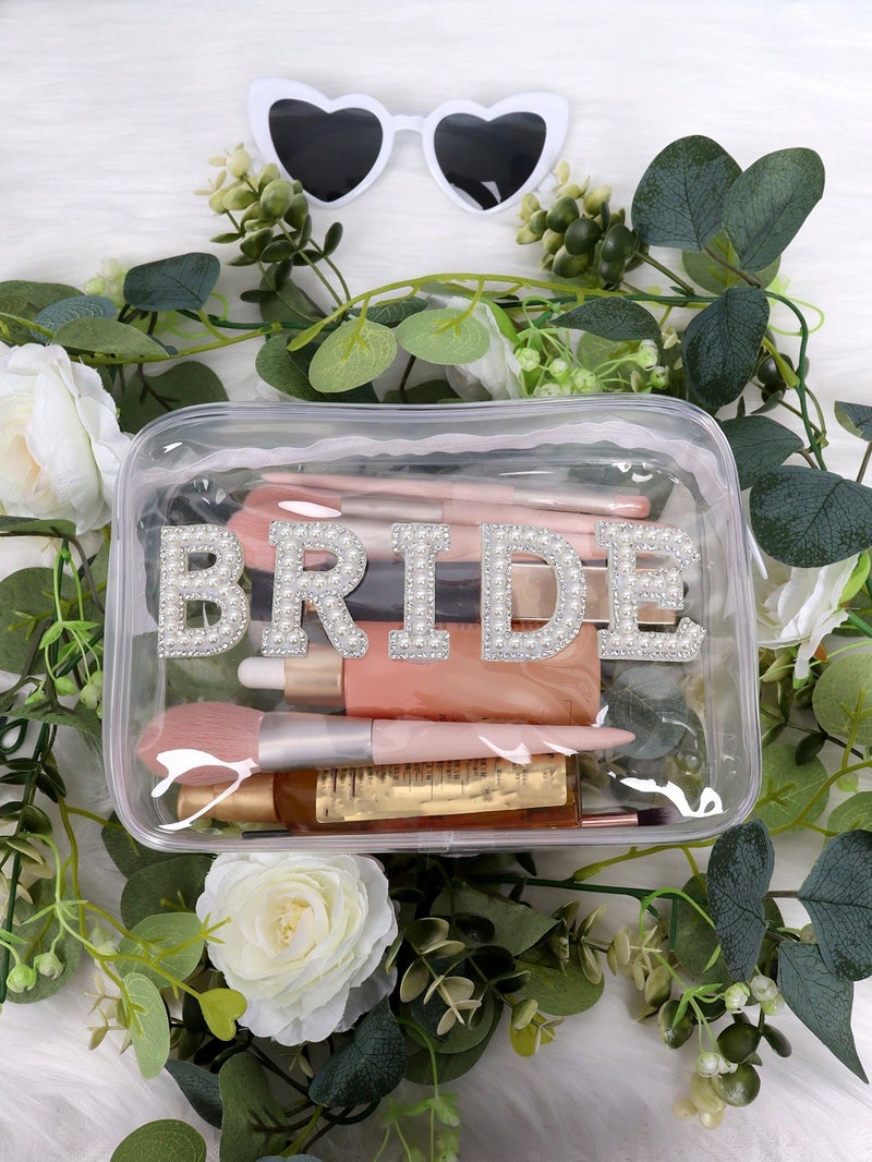 مستلزمات عروس - اكسسوارات عروس شنطة مكياج شفافة بتصميم أنيق مزينة بكلمة "BRIDE" – حقيبة مستلزمات العروس - Image 3