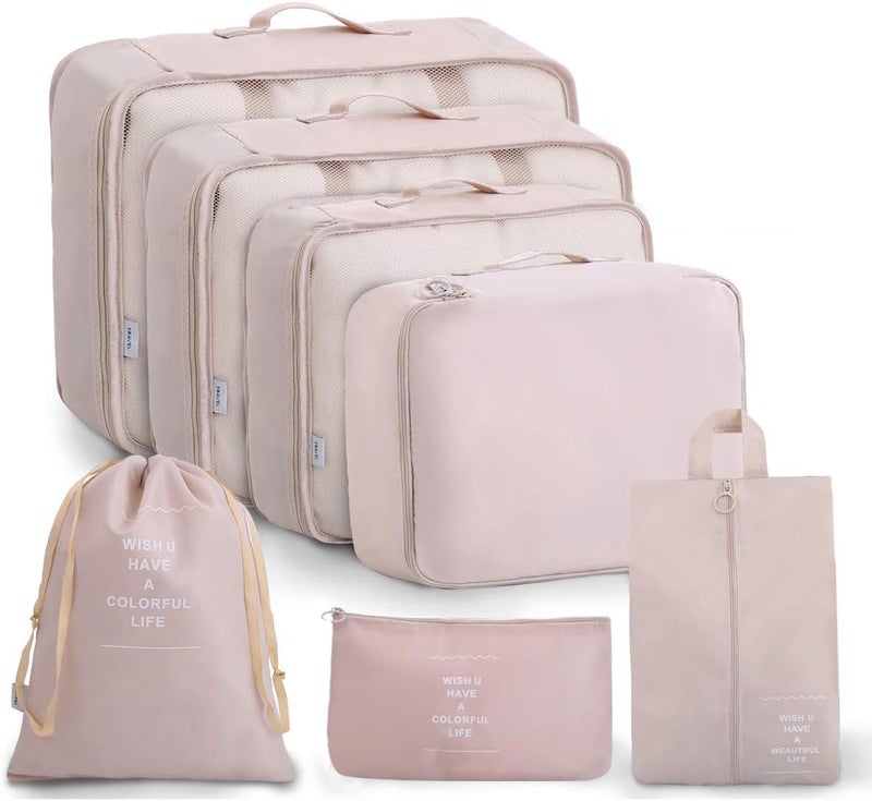 Lyrovo [UPDATED] 7pcs Travel Packing Cubes for clothes Laundry Toiletry Cosmetics Luggage Makeup Pouch Accessories Organizer Bag (Pink) - Image 1