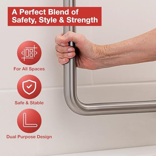 FORTUNE Stainless Steel L Shape Grab Bar for Bathroom & Bathtub Wall Mounted Safety Hand Support Rail, Balance Handle, Towel Bar, Bathroom Accessories Homes, Hotels - (Pack of 2, Matt Finish) - Image 4