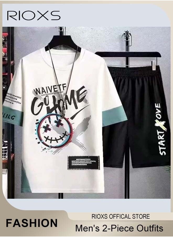 RIOXS - Men's 2-Piece Outfits, Graffiti Printed Top And Drawstring Waist Shorts, Fashion Casual Short Sleeve T-shirt And Shorts Set, Casual Summer Outfits for Teens Men Daily Wear - Image 1