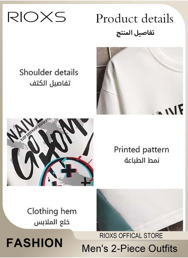 RIOXS - Men's 2-Piece Outfits, Graffiti Printed Top And Drawstring Waist Shorts, Fashion Casual Short Sleeve T-shirt And Shorts Set, Casual Summer Outfits for Teens Men Daily Wear - Image 1