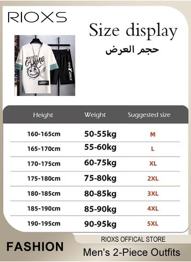 RIOXS - Men's 2-Piece Outfits, Graffiti Printed Top And Drawstring Waist Shorts, Fashion Casual Short Sleeve T-shirt And Shorts Set, Casual Summer Outfits for Teens Men Daily Wear - Image 1