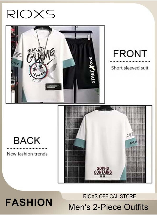RIOXS - Men's 2-Piece Outfits, Graffiti Printed Top And Drawstring Waist Shorts, Fashion Casual Short Sleeve T-shirt And Shorts Set, Casual Summer Outfits for Teens Men Daily Wear - Image 1