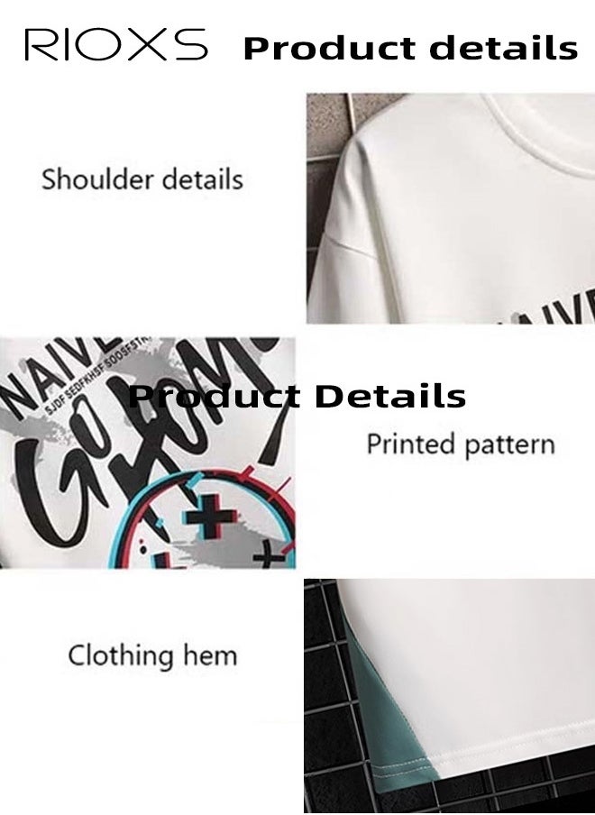 RIOXS Men's 2-Piece Outfits, Graffiti Printed Top And Drawstring Waist Shorts, Fashion Summer Sets For Men, Casual Short Sleeve T-shirt And Shorts Set, Outfits For Teens Men Daily Wear, Versatile Men Clothing Suit Pair With Slipper/Sports Shoes/Sandals  - Image 5