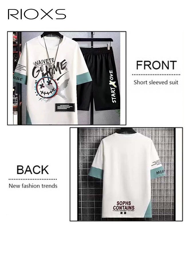 RIOXS Men's 2-Piece Outfits, Graffiti Printed Top And Drawstring Waist Shorts, Fashion Summer Sets For Men, Casual Short Sleeve T-shirt And Shorts Set, Outfits For Teens Men Daily Wear, Versatile Men Clothing Suit Pair With Slipper/Sports Shoes/Sandals  - Image 1