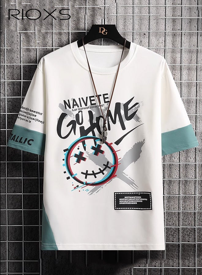 RIOXS Men's 2-Piece Outfits, Graffiti Printed Top And Drawstring Waist Shorts, Fashion Summer Sets For Men, Casual Short Sleeve T-shirt And Shorts Set, Outfits For Teens Men Daily Wear, Versatile Men Clothing Suit Pair With Slipper/Sports Shoes/Sandals - Image 1