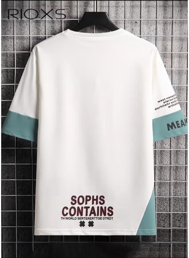 RIOXS Men's 2-Piece Outfits, Graffiti Printed Top And Drawstring Waist Shorts, Fashion Summer Sets For Men, Casual Short Sleeve T-shirt And Shorts Set, Outfits For Teens Men Daily Wear, Versatile Men Clothing Suit Pair With Slipper/Sports Shoes/Sandals - Image 2