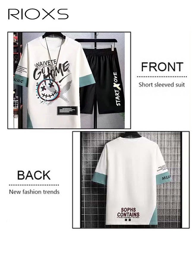 RIOXS Men's 2-Piece Outfits, Graffiti Printed Top And Drawstring Waist Shorts, Fashion Summer Sets For Men, Casual Short Sleeve T-shirt And Shorts Set, Outfits For Teens Men Daily Wear, Versatile Men Clothing Suit Pair With Slipper/Sports Shoes/Sandals - Image 3